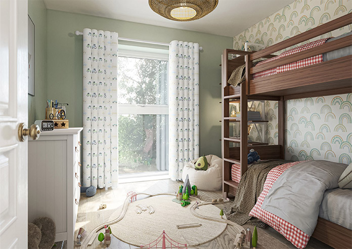 A beautiful set of white taped wooden blinds in a very bright room